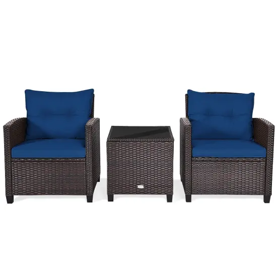 3 Pcs Patio Rattan Furniture Set Cushioned Conversation Set Coffee Table Navy {4}