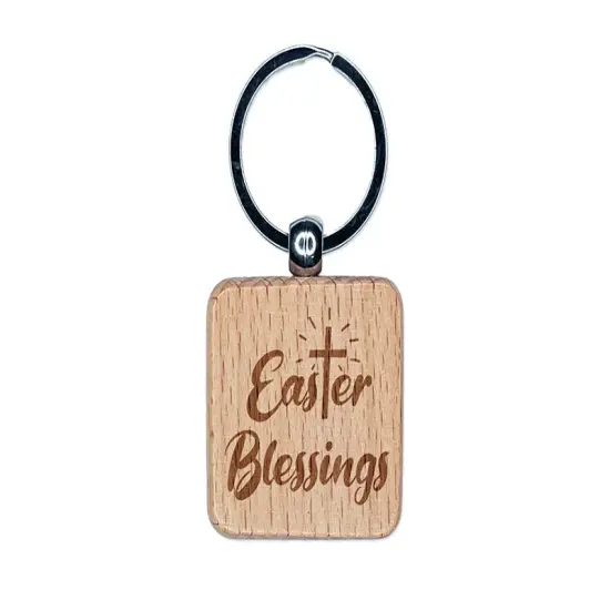 Easter Blessings Religious Cross Engraved Wood Square Keychain Tag Charm {1}