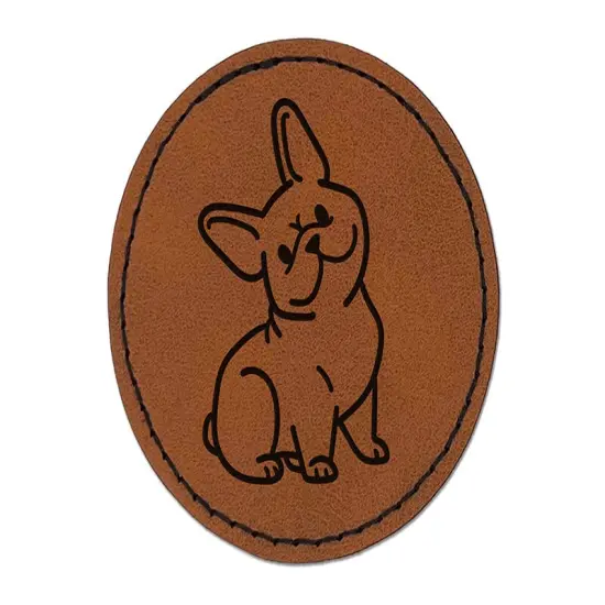 Frenchie Sitting Tilting Head French Bulldog Dog Round Iron-On Engraved Faux Leather Patch Applique - 2.5" Brown {1}