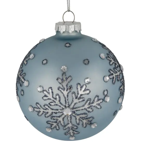 Northlight Mirror Glittered Snowflakes Christmas Glas Ball Ornaments - 4" - Steel Blue - Set of 2 {4}