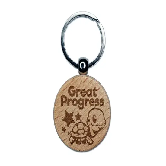 Great Progress Turtle Tortoise and Stars Teacher Student Engraved Wood Round Keychain Tag Charm {1}