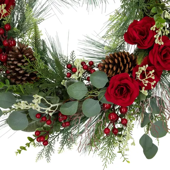 Northlight Real Touch&trade;️ Roses and Berries Artificial Christmas Wreath - 30" - Unlit Green {6}