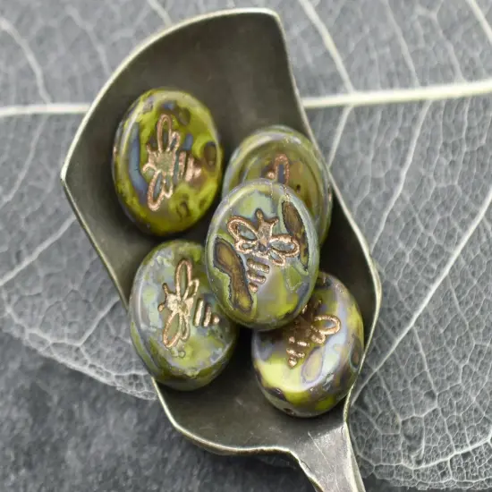 *12* 12mm Copper Washed Opaque Gaspeite Green Picasso Bee Coin Beads {2}