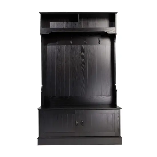 Merrick Lane Wallen Hallway Tree with Bench Seating, 4 Double Coat Hooks, Upper Storage and Double Door Under Bench Storage Black {6}