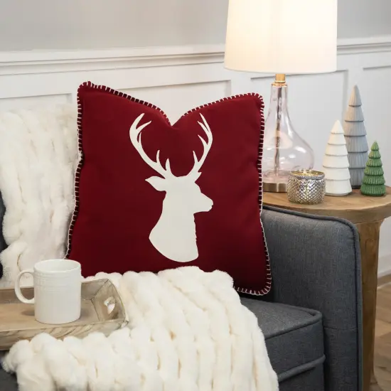 Northlight 18" Maroon and Beige Deer Head Worsted Christmas Square Throw Pillow Red {3}