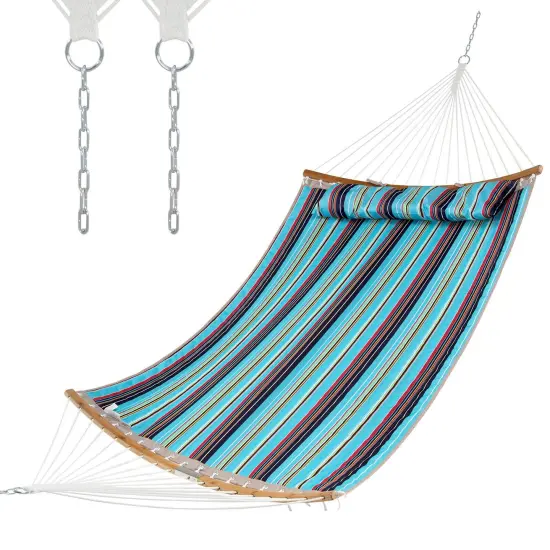 2-Person Outdoor Hammock with Pillow &ndash; Polyester Fabric, Bamboo Spreader Bars Blue {1}