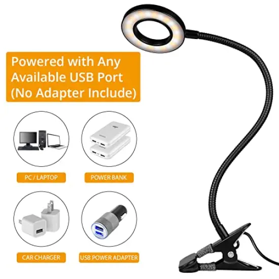 Desk Lamp Clip on Light, 48 LEDs USB Clip Ring Light with 3 Color Modes 10 Dimmable Brightness, Eye Protection Desk Light, 360° Flexible Gooseneck for Desk Headboard Reading {3}