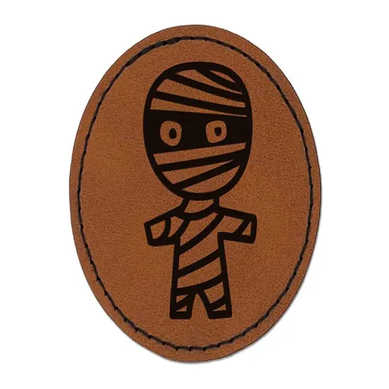Wary Mummy Doodle HalloweenRound Iron-On Engraved Faux Leather Patch Applique - 2.5" Brown {1}