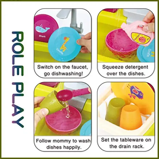 Toys with Running Water for Boy Girls Toddlers 1-3, Bird Bath Toys for Kids 5 6-8, Water Table Toy with Auto Working Faucet, Pretend Play Kitchen Cleaning Set Dishwasher Role Play Gifts {4}