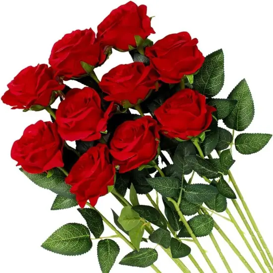 10pcs Realistic Red Roses Artificial Silk Flowers Long Stem Fake Rose Bouquet for Home Wedding Decoration Valentine&rsquo;s Day {3}