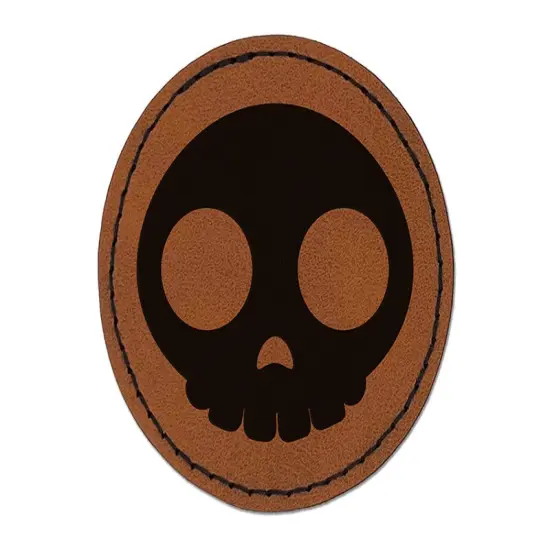 Witty Skull Icon Round Iron-On Engraved Faux Leather Patch Applique - 2.5" Brown {1}