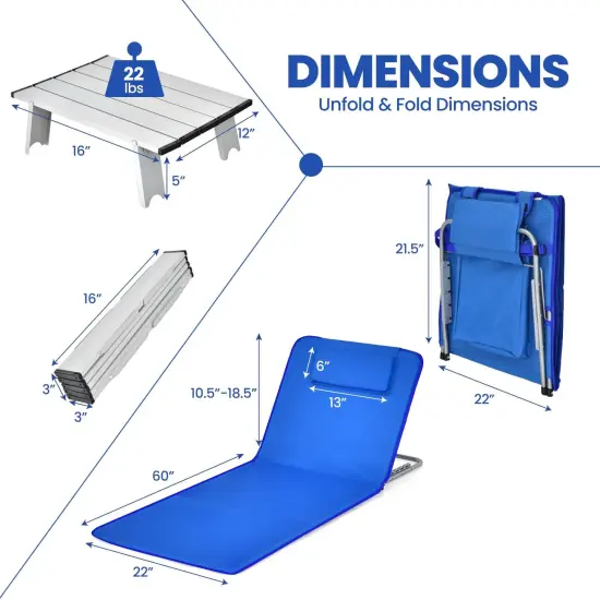 3 Pieces Beach Lounge Chair Mat Set 2 Adjustable Lounge Chairs with Table Stripe Blue {4}