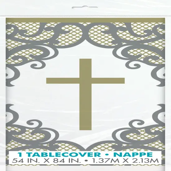 Fancy Gold Cross Rectangular Plastic Table Cover, 54" x 84", 1ct {1}