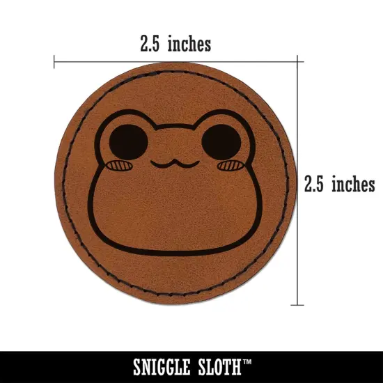 Charming Kawaii Chibi Smug Frog Toad Face Blushing Cheeks Round Iron-On Engraved Faux Leather Patch Applique - 2.5" Brown {3}