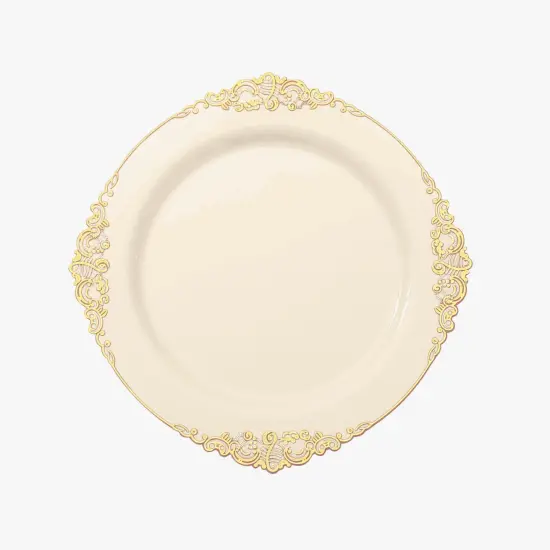 10 Pcs Disposable Plastic Salad Dinner Plates Embossed Baroque Trim Party Ivory {1}