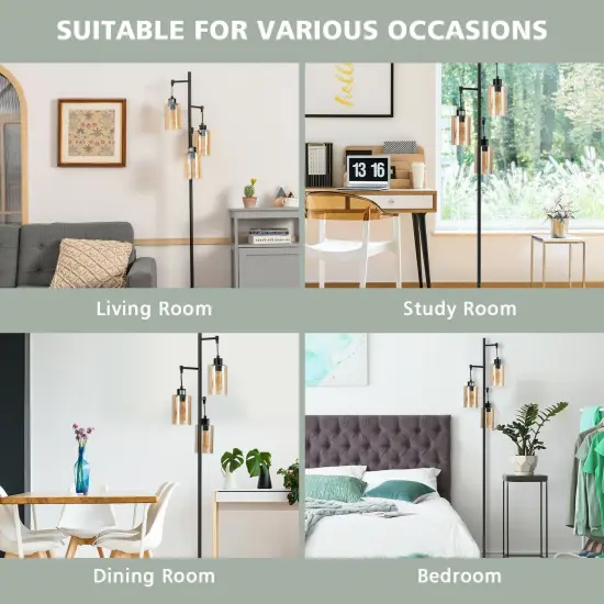 Retro Floor Lamp with 3-Head Hanging Amber Glass Shade {2}