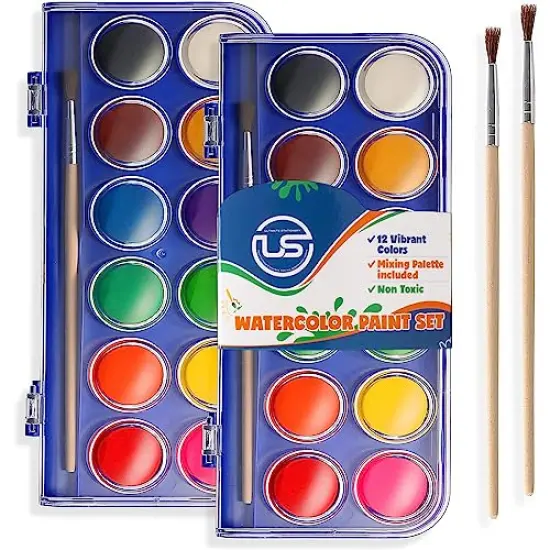 2 Pack Watercolor Paint Set 12 Vivid Colors Includes Watercolour Mixing Palette and 1 Brushe, Perfect For Artists, Beginner Painters, Kids and Adult Painting {1}