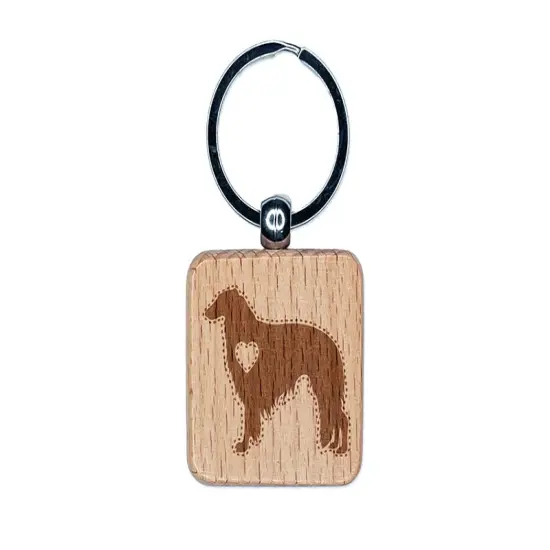 Borzoi Russian Wolfhound Dog with Heart Engraved Wood Square Keychain Tag Charm {1}