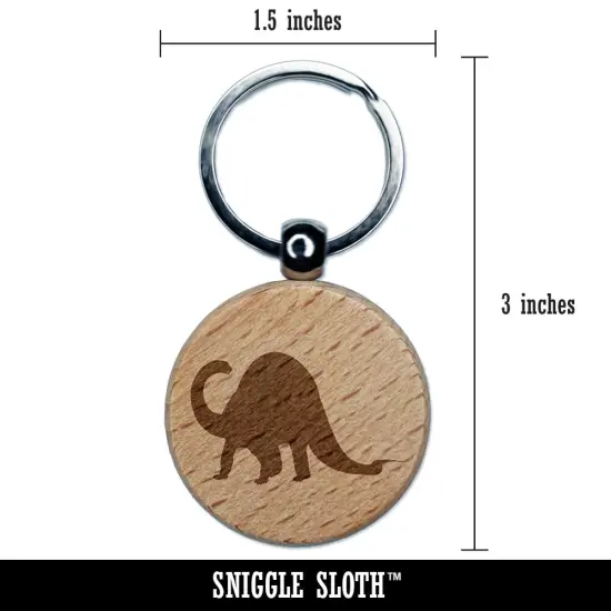 Brontosaurus Dinosaur Solid Engraved Wood Round Keychain Tag Charm {2}