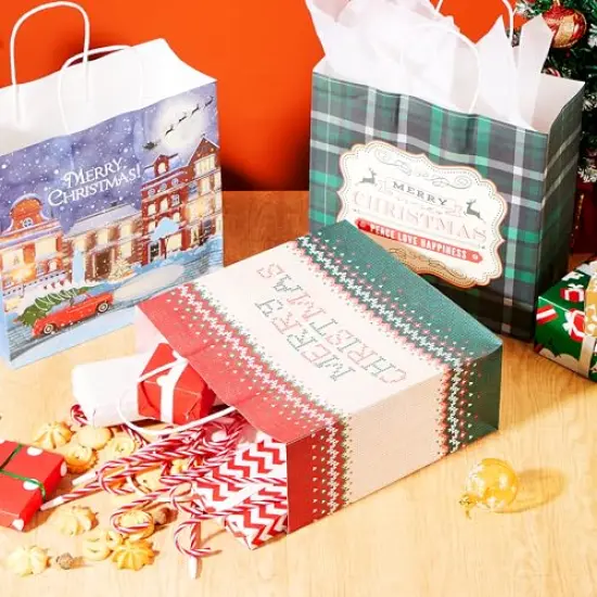 JOYIN 24 Pcs Christmas Kraft Paper Gift Bags with Twine Handles, 12 X 12 X 5'' Large Xmas Gift Bags with 12 Designs for Holiday Present Wrapping, Christmas Goodie Bags, Xmas Goody Bags Party Supplies {4}