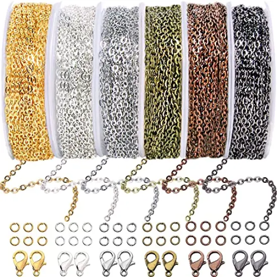 Chains Jewelry Making Supplies, 60ft Cable Link Chains for Making Jewelry Necklace Earring Bracelet Findings DIY Craft Kit for Adults, 6-Color 2mm Gold Silver Copper Plated Metal Link Rolls Bulk {2}