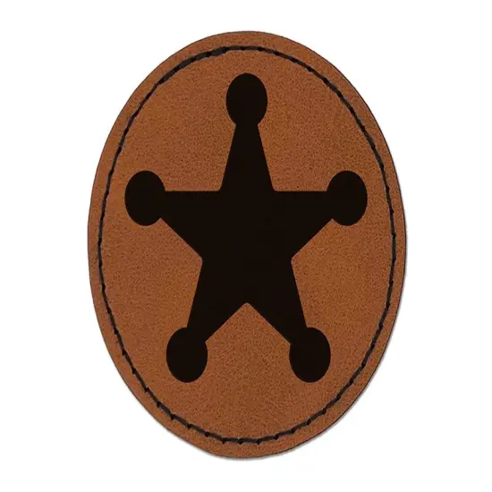 Cowboy Sheriff Badge Star Round Iron-On Engraved Faux Leather Patch Applique - 2.5" Brown {1}