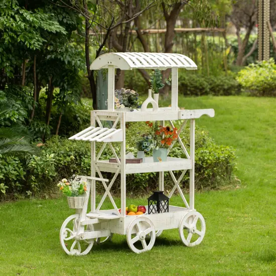 White Wood Decor Display Rack Mobile Food Cart with Wheels 3 Tier for Display, Wood Wagon with Shelves for Food and More {2}