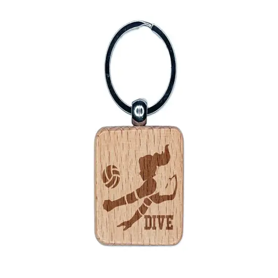 Volleyball Woman Dive Sports Move Engraved Wood Square Keychain Tag Charm {1}
