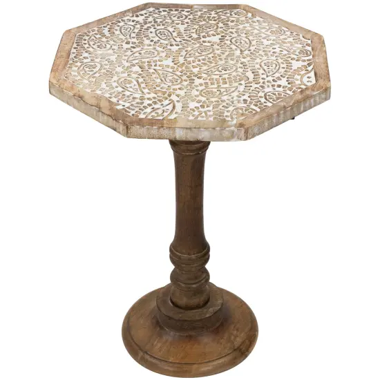 Northlight 21" Wooden Brushed White Engraved Paisley Octagonal Pedestal Side Table Beige {1}