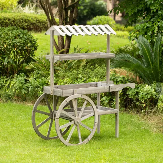 Antique Rustic Solid Wood decor Display Rack Cart Wood Plant Stand 3 Tier with Wheels for Display, Wood Wagon with Shelves for Plants and More {3}