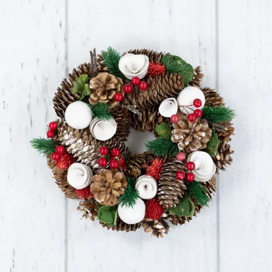 Northlight White Wooden Rose, Pine Cone and Berry Artificial Christmas Wreath, 10-Inch, Unlit Brown {4}