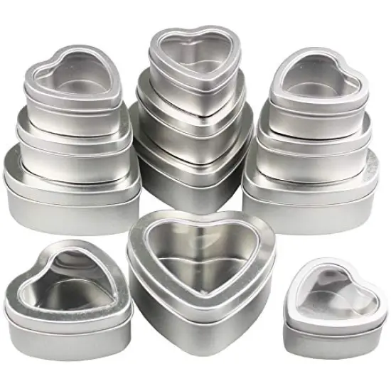 12 Pieces Heart Shaped Empty Metal Tin Cans with Clear Window Lids for Candle Making, Candies, Gifts & Treasures, Mixed Sizes {1}