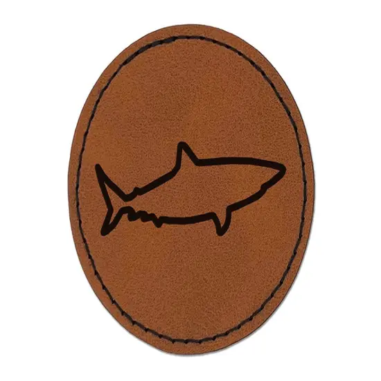 Shark Outline Round Iron-On Engraved Faux Leather Patch Applique - 2.5" Brown {1}
