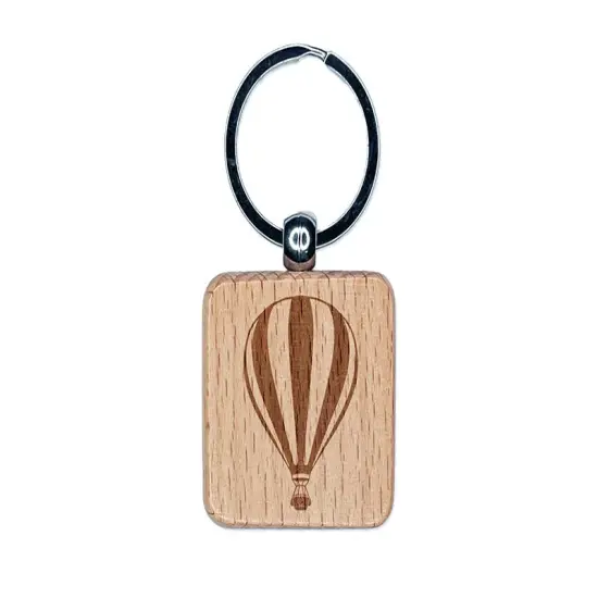 Striped Hot Air Balloon Engraved Wood Square Keychain Tag Charm {1}