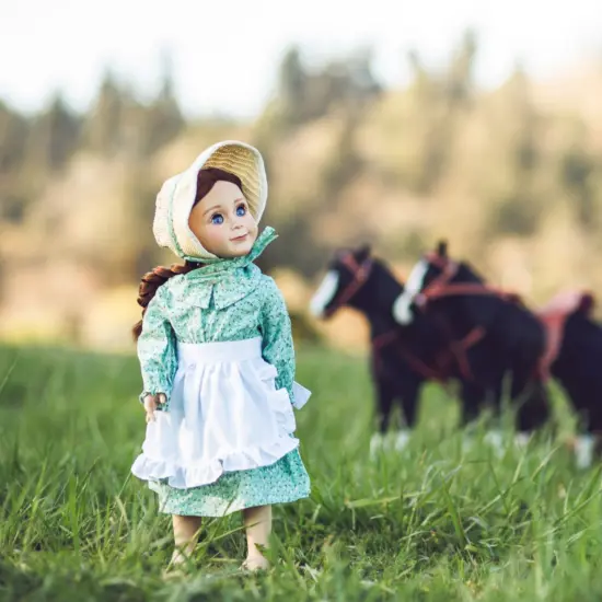 The Queen's Treasures 18 Inch Green Calico Prairie Dress, Apron, and Bonnet {5}