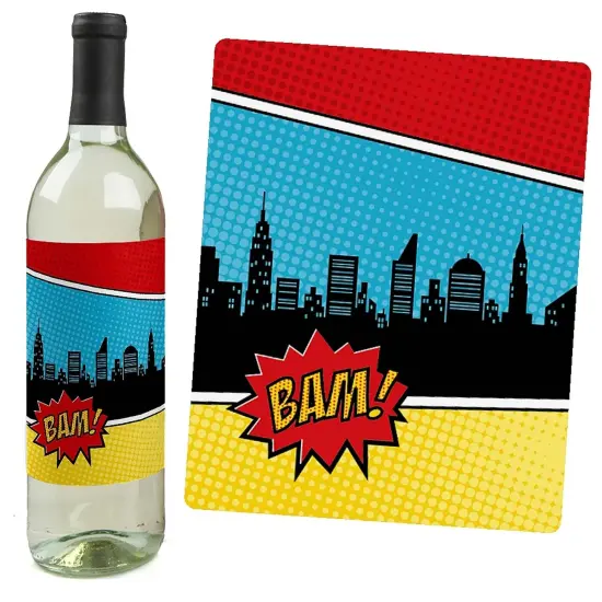 Big Dot of Happiness Bam Superhero - Baby Shower or Birthday Party Decorations for Women and Men - Wine Bottle Label Stickers - Set of 4 {3}