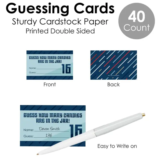 Big Dot of Happiness Boy 16th Birthday - How Many Candies Sweet Sixteen Birthday Party Game - 1 Stand and 40 Cards - Candy Guessing Game {7}