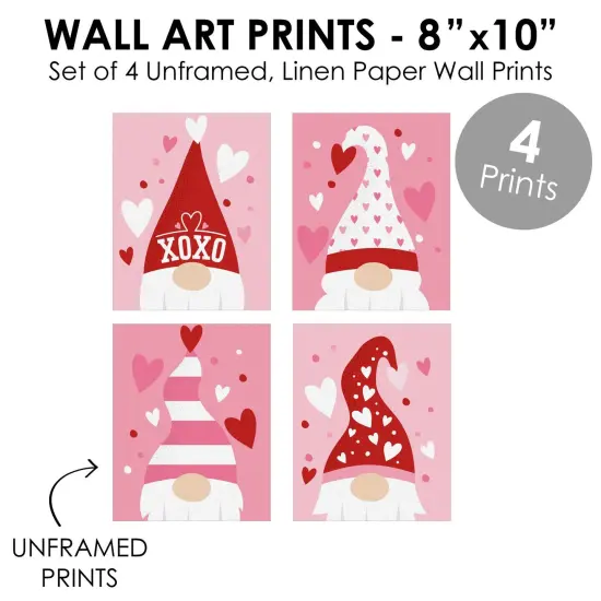 Big Dot of Happiness Valentine Gnomes - Unframed Valentine's Day Linen Paper Wall Art - Set of 4 - Artisms - 8 x 10 inches {6}