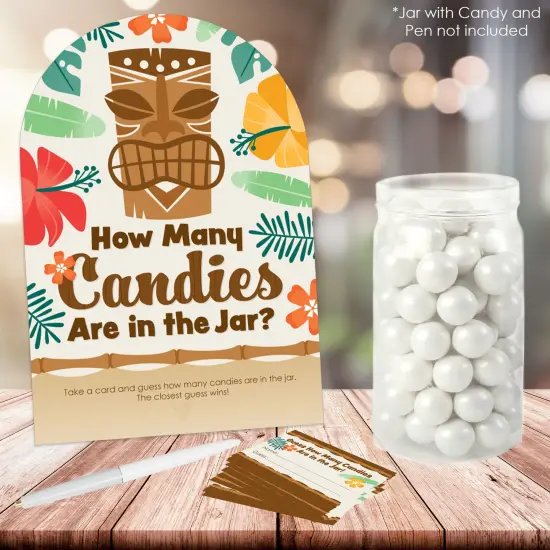 Big Dot of Happiness Tropical Luau - How Many Candies Hawaiian Beach Party Game - 1 Stand and 40 Cards - Candy Guessing Game {3}