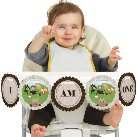 Big Dot of Happiness Woodland Creatures 1st Birthday Highchair Decor - I Am One - First Birthday High Chair Banner {1}