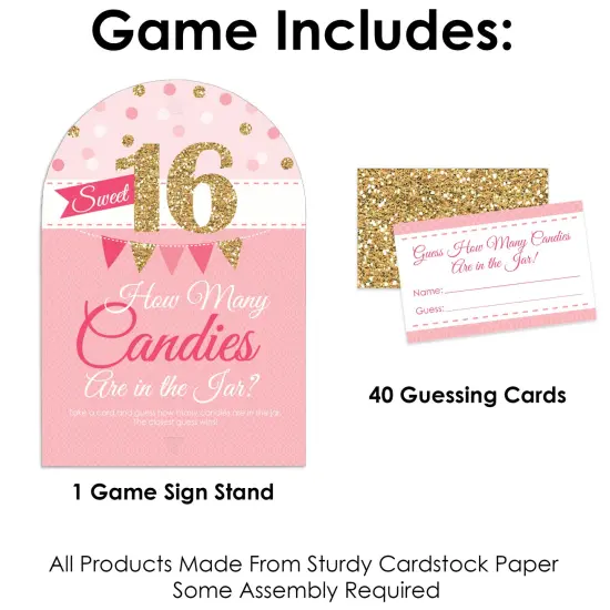 Big Dot of Happiness Sweet 16 - How Many Candies 16th Birthday Party Game - 1 Stand and 40 Cards - Candy Guessing Game {4}