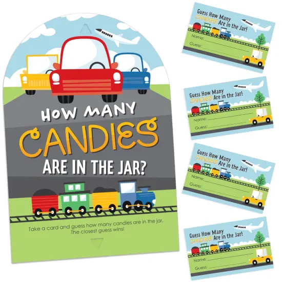 Big Dot of Happiness Cars, Trains, and Airplanes - How Many Candies Transportation Birthday Party Game - 1 Stand and 40 Cards - Candy Guessing Game {1}