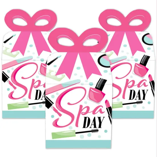 Big Dot of Happiness Spa Day - Square Favor Gift Boxes - Girls Makeup Party Bow Boxes - Set of 12 {3}