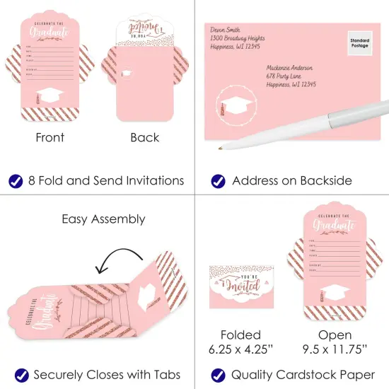 Big Dot of Happiness Rose Gold Grad - Fill-In Cards - Graduation Party Fold and Send Invitations - Set of 8 {4}