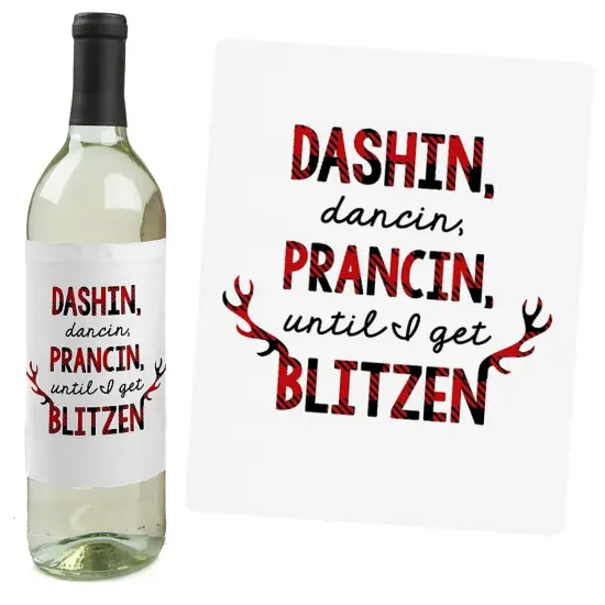 Big Dot of Happiness Prancing Plaid - Christmas and Holiday Buffalo Plaid Party Decorations for Women and Men - Wine Bottle Label Stickers - Set of 4 {7}