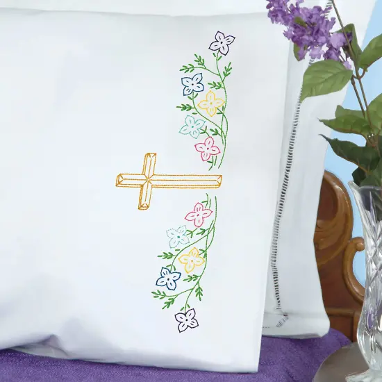 Jack Dempsey Stamped Pillowcases W/White Perle Edge 2/Pkg-Cross {1}