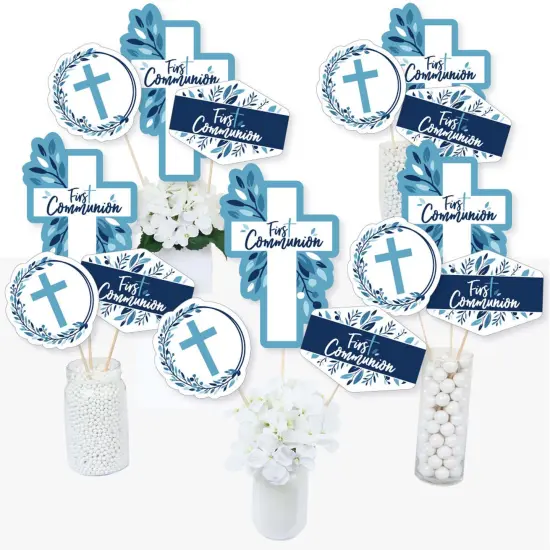 Big Dot of Happiness First Communion Blue Elegant Cross - Boy Religious Party Centerpiece Sticks - Table Toppers - Set of 15 {3}