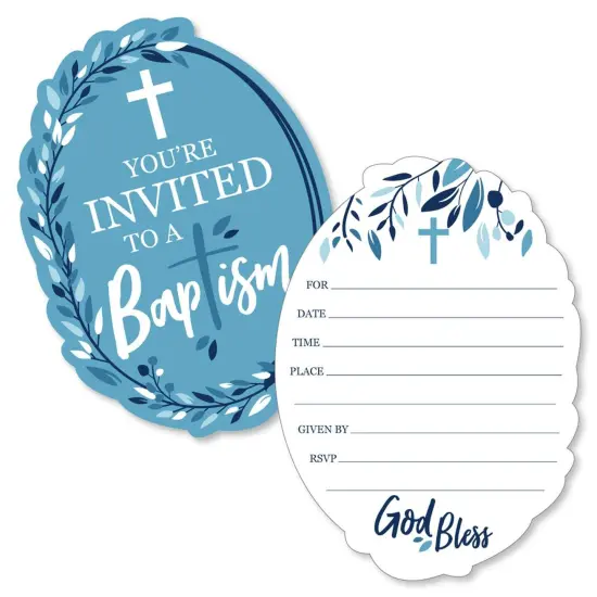 Big Dot of Happiness Baptism Blue Elegant Cross - Shaped Fill-in Invitations - Boy Religious Party Invitation Cards with Envelopes - Set of 12 {1}