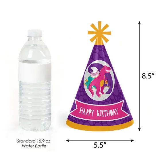 Big Dot of Happiness Roar Dinosaur Girl - Cone Happy Birthday Party Hats for Kids and Adults - Set of 8 (Standard Size) {4}