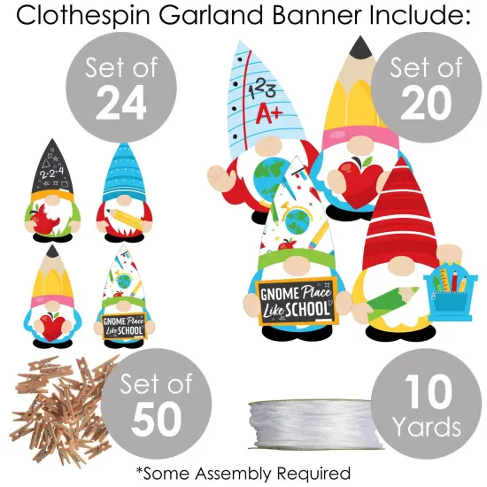 Big Dot of Happiness School Gnomes - Teacher and Classroom DIY Decorations - Clothespin Garland Banner - 44 Pieces {6}